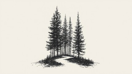 Serene Forest Path: A Monochromatic Ink Drawing
