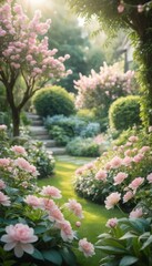 Dreamy garden with soft pink flowers and lush foliage