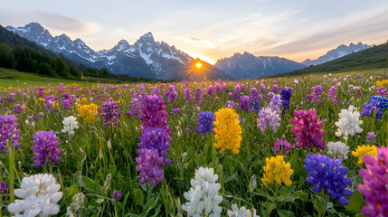 Obraz premium Sunset over wildflowers and snow-capped mountains