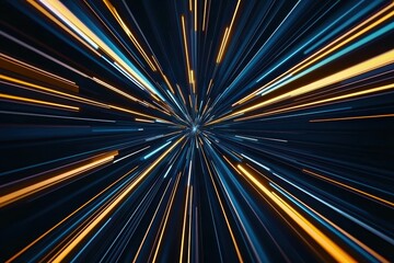 High-speed light streaks with glowing blue and yellow gradients, creating a futuristic tunnel effect in a bold composition