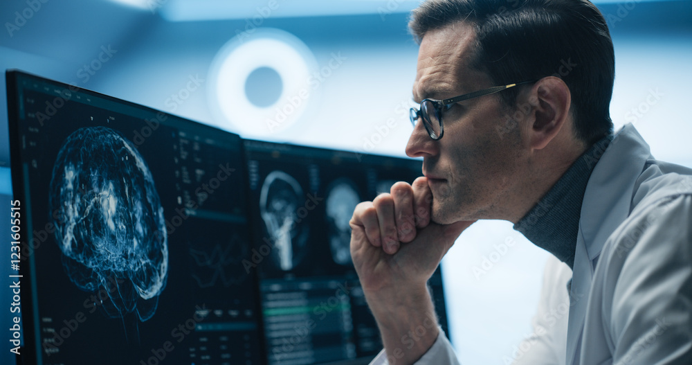 Poster Portrait of Scientist Analyzing Brain Scans on Multiple Monitors in High-tech Laboratory. Advanced Medical Imaging Technology Displays Detailed Neurological Data for Advanced Research and Diagnosis