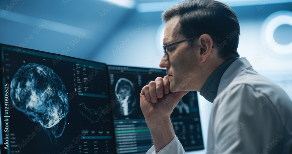 Aufkleber Neurologist Examines Intricate Brain Scans on Multiple Screens. Advanced Neuroimaging Technology Reveals Complex Neural Pathways, Display Showing CT Scan in a Modern Medical Environment