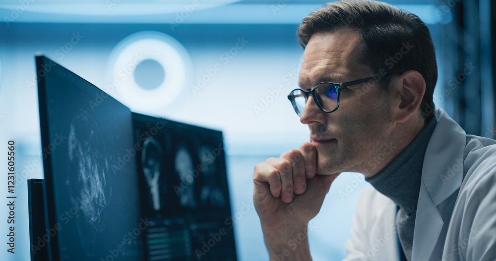 Aufkleber Portrait of Scientist Analyzing Brain Scans on Multiple Monitors in High-tech Laboratory. Advanced Medical Imaging Technology Displays Detailed Neurological Data for Advanced Research and Diagnosis