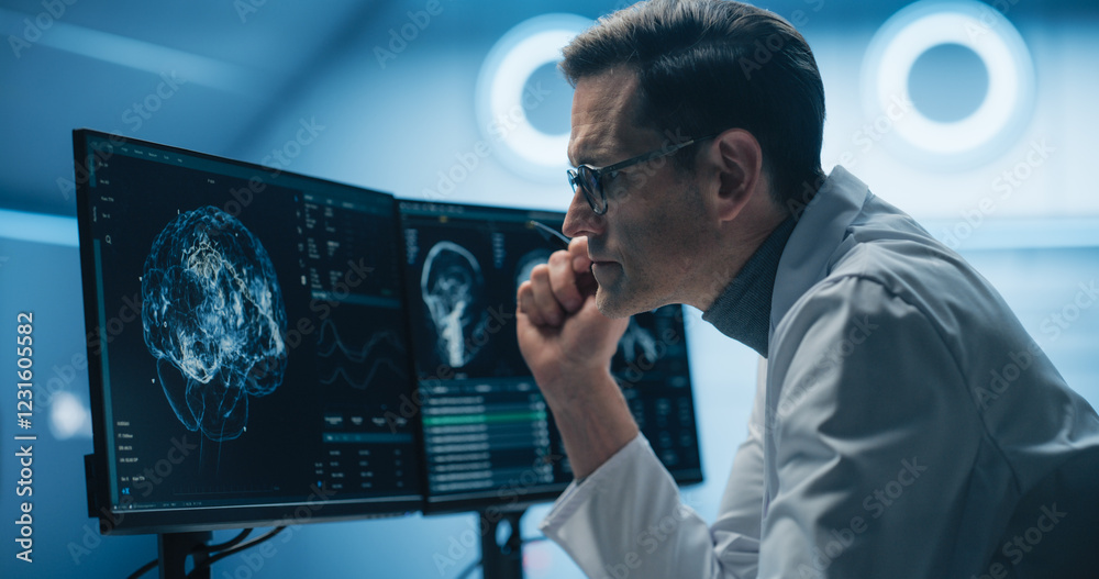 Leinwandbilder Neurologist Examines Intricate Brain Scans on Multiple Screens. Advanced Neuroimaging Technology Reveals Complex Neural Pathways, Display Showing CT Scan in a Modern Medical Environment