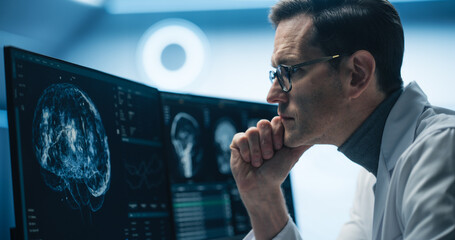 Portrait of Scientist Analyzing Brain Scans on Multiple Monitors in High-tech Laboratory. Advanced Medical Imaging Technology Displays Detailed Neurological Data for Advanced Research and Diagnosis