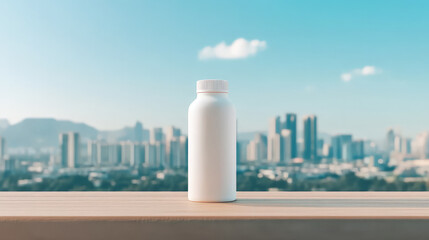 A white bottle sits on a wooden surface overlooking a city skyline under a bright, sunny sky.  A minimalist, clean aesthetic.