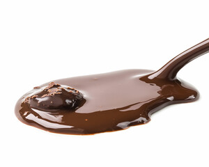 A smooth stream of melted chocolate flowing on a white background