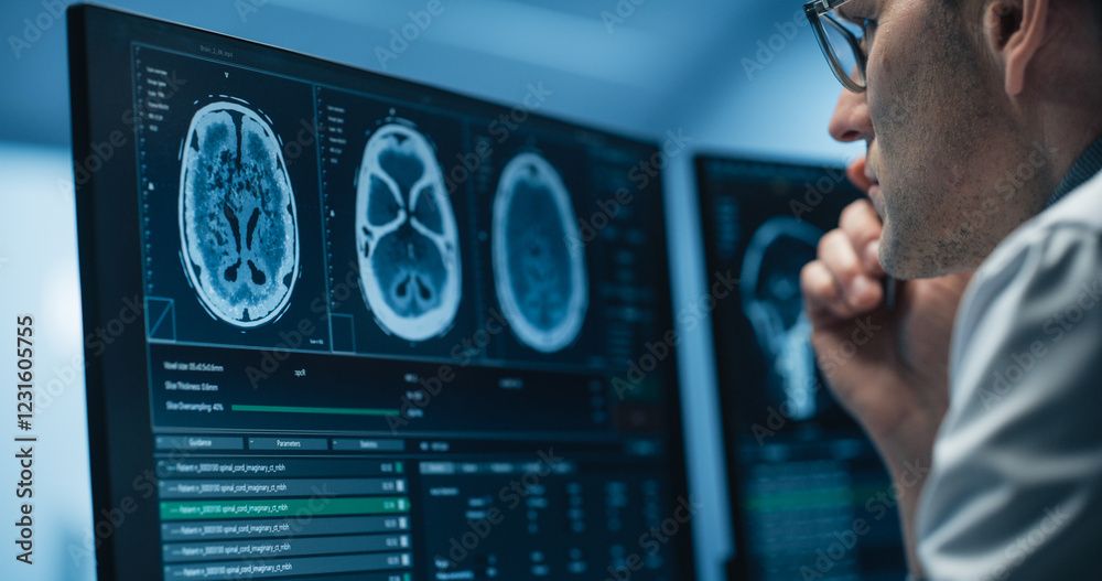 Aufkleber Neurologist Examines Intricate Brain Scans on Multiple Screens. Advanced Neuroimaging Technology Reveals Complex Neural Pathways, Display Showing CT Scan in a Modern Medical Environment