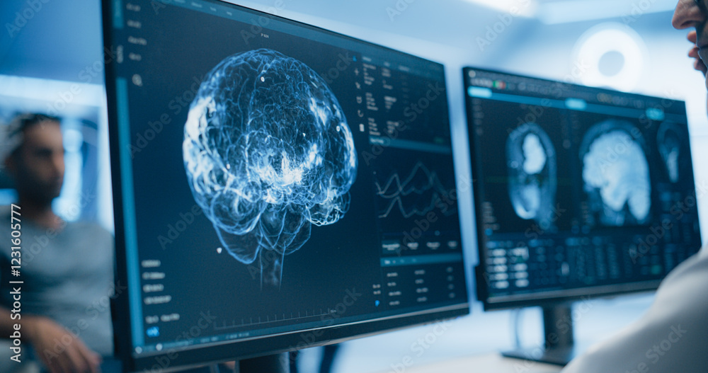Poster Medical Brain Scans on Multiple Computer Screens. Advanced Neuroimaging Technology Reveals Complex Neural Pathways, Display Showing CT Scan in a Modern Medical Environment