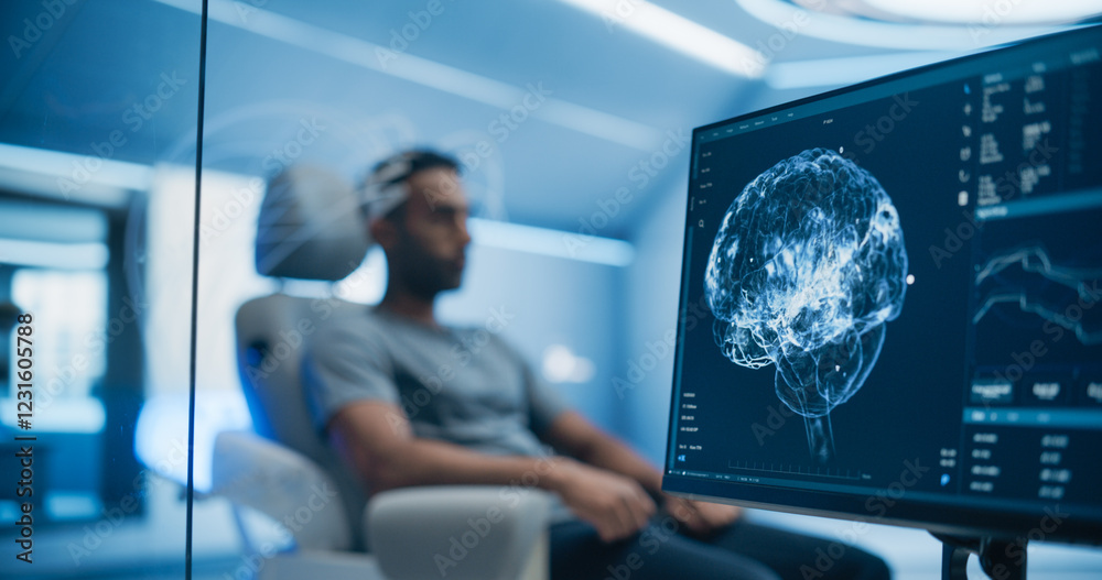 Aufkleber Medical Brain Scan on Computer Screen. Advanced Neuroimaging Technology Reveals Complex Neural Pathways. Patient Connected to Advanced Brain Scan in the Background