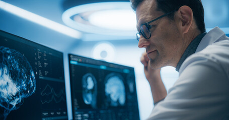 Neurologist Examines Intricate Brain Scans on Multiple Screens. Advanced Neuroimaging Technology Reveals Complex Neural Pathways, Display Showing CT Scan in a Modern Medical Environment