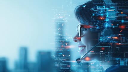A focused professional using a headset, surrounded by digital data and technology, illustrating modern communication and innovation.