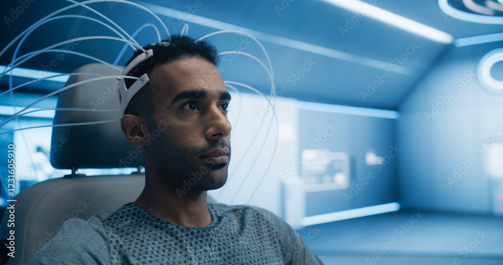 Poster pioneering laboratory research: patient engages in cognitive analysis using advanced eeg headset. hi