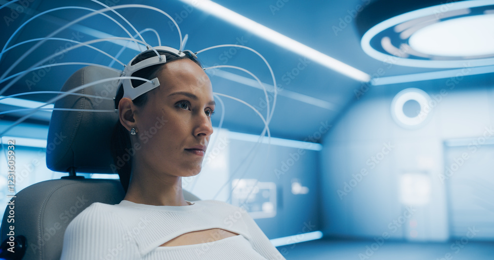 Poster futuristic medical laboratory: female patient wearing headset. brain scanner using advanced neural t