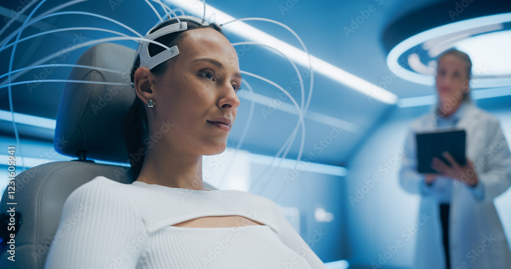 Poster high-tech laboratory: female patient wearing headset for a brain scan with advanced neural technolog