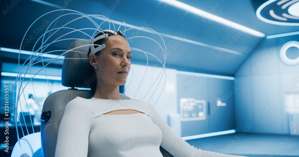 Poster futuristic medical laboratory: female patient wearing headset. brain scanner using advanced neural t