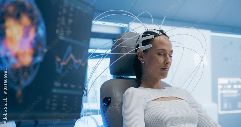 Poster Futuristic Lab Uses Advanced Neural Technology to Scan Female Patient's Brain. Monitor and Display Show Illuminated Neural Pathways, Innovation in Cognitive Research and Diagnostics