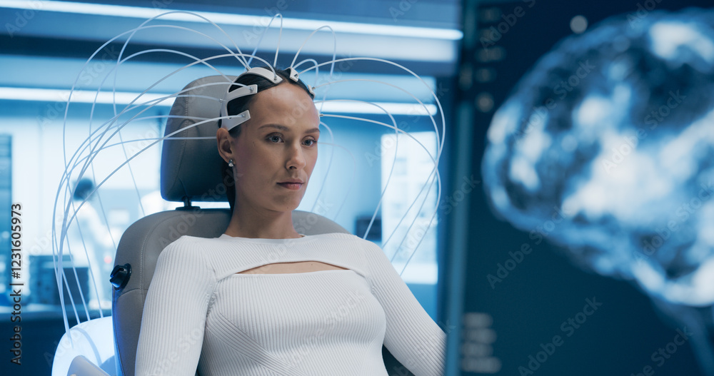 Poster futuristic medical laboratory: female patient wearing headset. brain scanner using advanced neural t