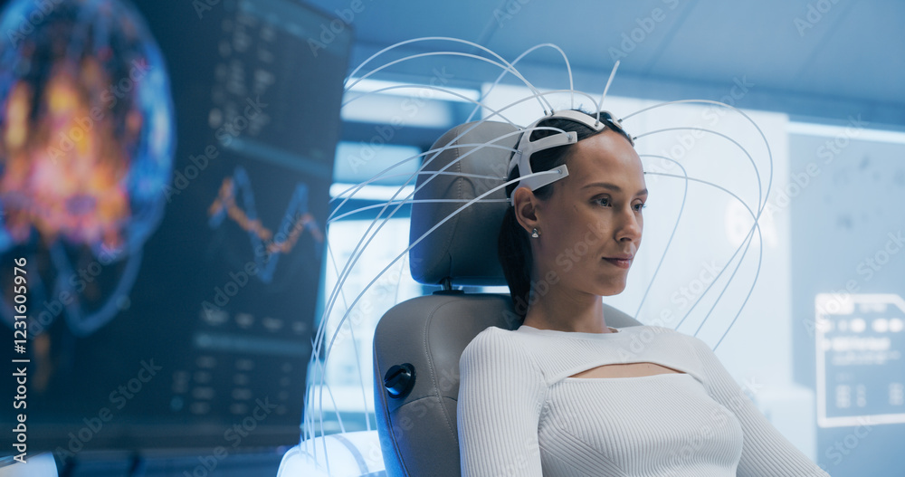 Aufkleber Futuristic Lab Uses Advanced Neural Technology to Scan Female Patient's Brain. Monitor and Display Show Illuminated Neural Pathways, Innovation in Cognitive Research and Diagnostics