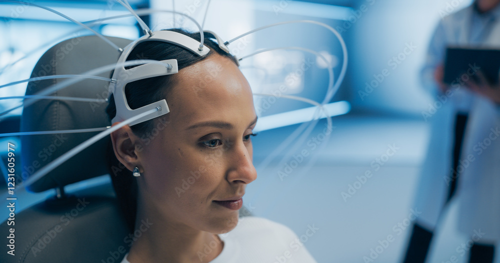 Poster high-tech laboratory: female patient wearing headset for a brain scan with advanced neural technolog