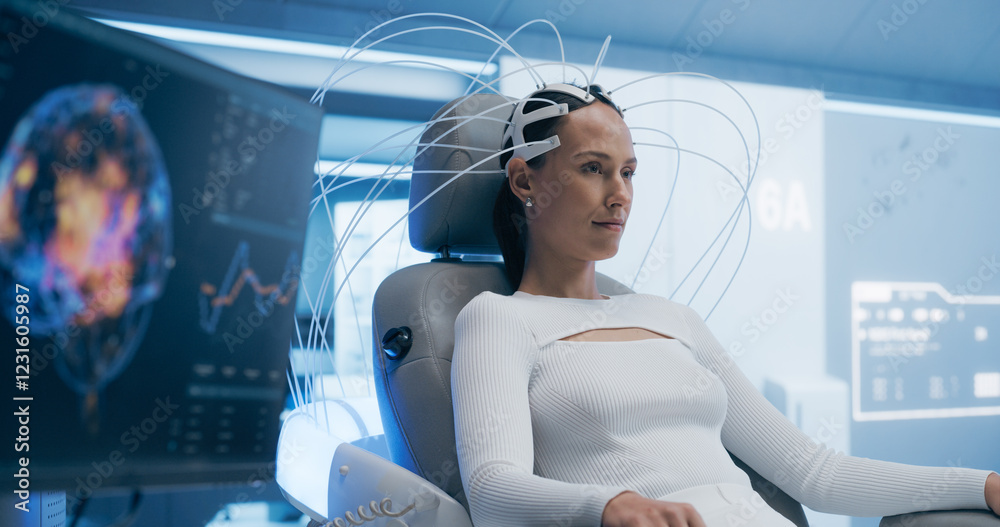 Poster Futuristic laboratory: Female Patient Wearing Headset for a Brain Scan With Advanced Neural Technology. Monitors Show Brain Neural Pathways Data, Research on Neural Diseases and Cognitive Enhancement