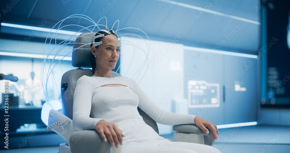 Aufkleber Futuristic Laboratory: Female Patient's Brain With Advanced Neural Technology, Optimizing Cognitive Function and Virtual Reality Connection