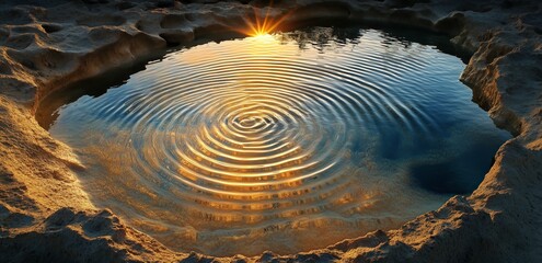 Sunset Reflection in Rock Pool: Concentric ripples spread across a tranquil rock pool, reflecting a vibrant sunset. The image evokes serenity and the beauty of natural symmetry. 