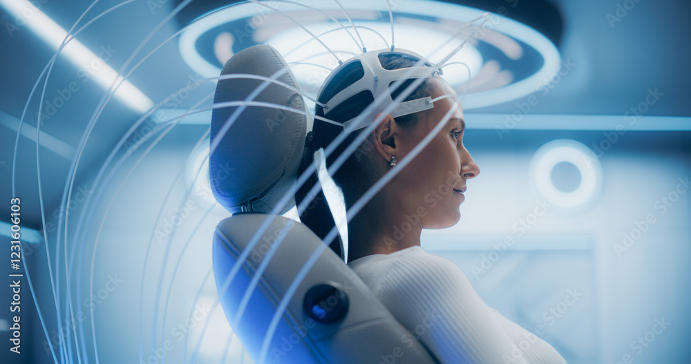 Poster Futuristic laboratory: Female Patient Wearing Headset for an Advanced Brain Scan Using Neural Connection Technology. High-Tech Cognitive Enhancement Facility. Sci-fi Concept. Portrait Shot