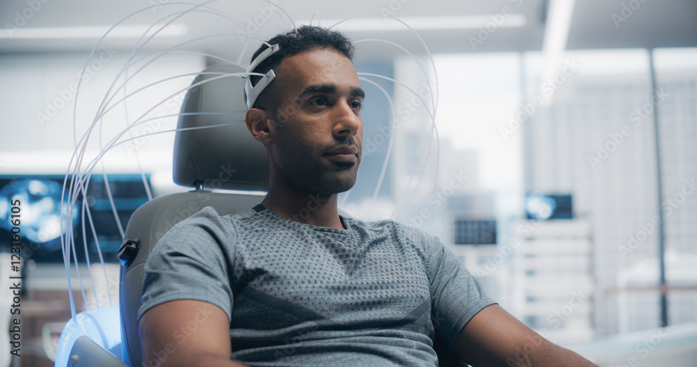 Poster Futuristic Laboratory: Male Patient Wearing Headset for a High-tech Brain Scan Using Advanced Neural Technology, Focusing on Cognitive Enhancement and Neural Disease Research