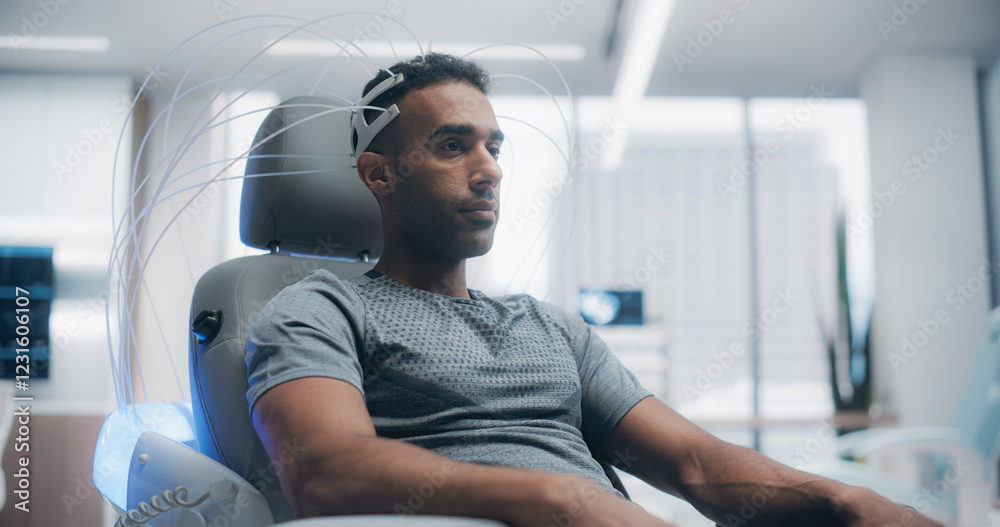 Poster futuristic laboratory: male patient wearing headset for brain scan. advanced neural technology focus