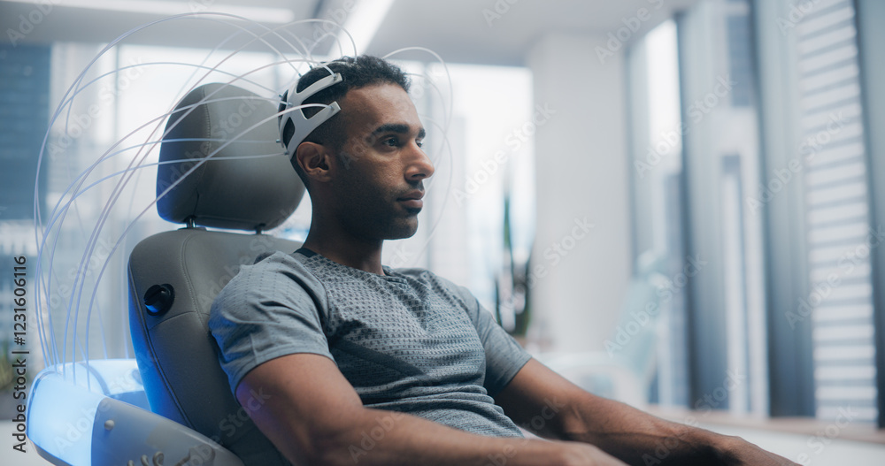 Poster Futuristic Laboratory: Male Patient Wearing Headset for an Advanced Brain Scan Using Advanced Neural Technology. Medical Sci Fi Device Concept: Disease Treatment, Sleep, Mental Agility, IQ Growth
