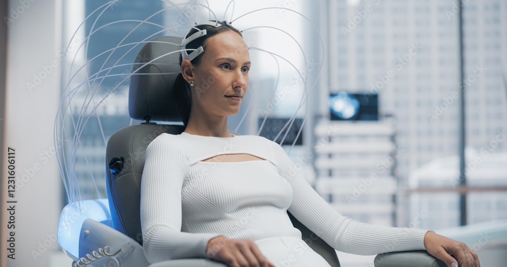 Poster Futuristic Lab Use Advanced Technology to Scan Female Patient's Brain, Analyzing Data on High-tech Monitors. Patient, Connected to a High-Tech Device