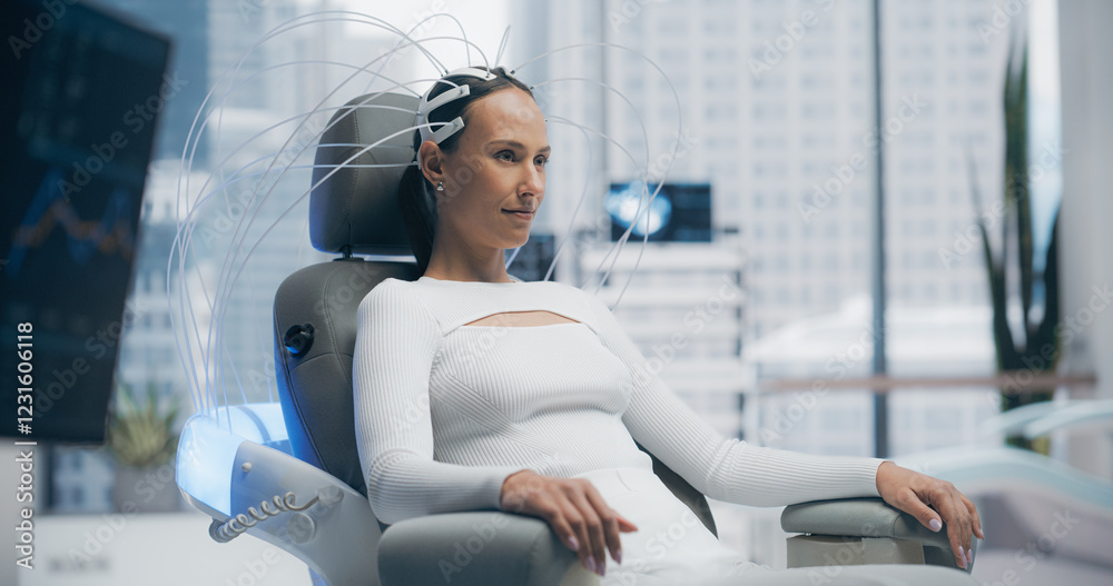 Poster Futuristic Lab Use Advanced Technology to Scan Female Patient's Brain, Analyzing Data on High-tech Monitors. Patient, Connected to a High-Tech Device