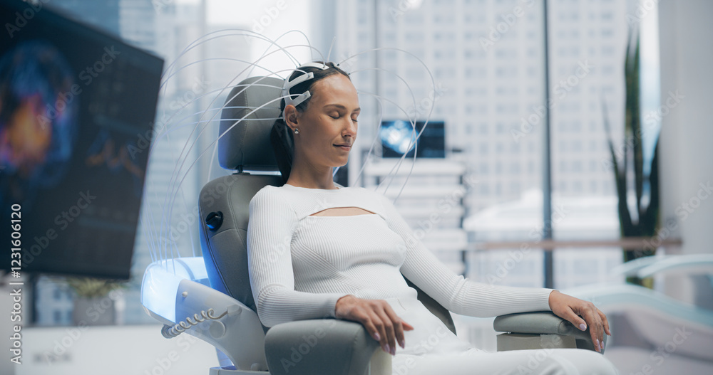 Poster futuristic laboratory: female patient wearing headset for an advanced brain scan using advanced neur