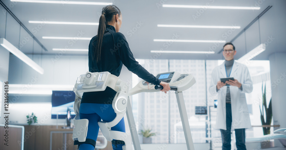 Poster advanced physical rehabilitation in a futuristic medical lab using an exosuit on a treadmill, monito