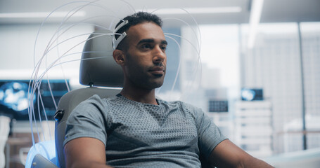 Futuristic Laboratory: Male Patient Wearing Headset for a High-tech Brain Scan Using Advanced Neural Technology, Focusing on Cognitive Enhancement and Neural Disease Research