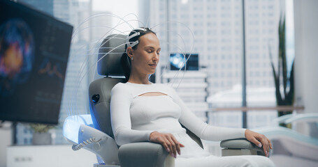 Futuristic Laboratory: Female Patient Wearing Headset for an Advanced Brain Scan Using Advanced Neural Technology for Cognitive Enhancement and Neural Disease Research, Monitored by Imaging Systems.
