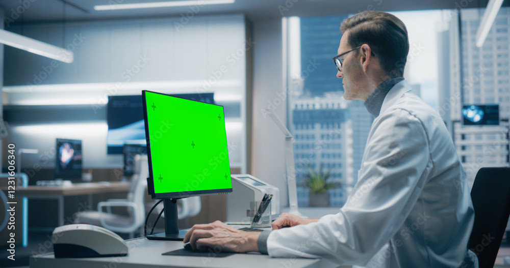 Poster a male scientist in a white lab coat works on a green screen computer in a advanced medical lab, foc