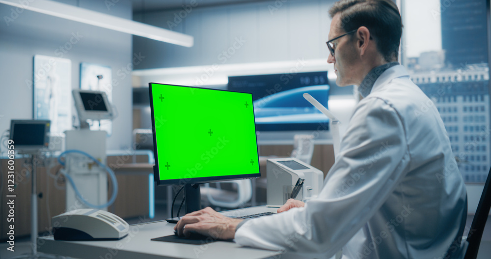 Aufkleber male scientist in a white lab coat works on a green screen computer in a modern medical lab, focusin