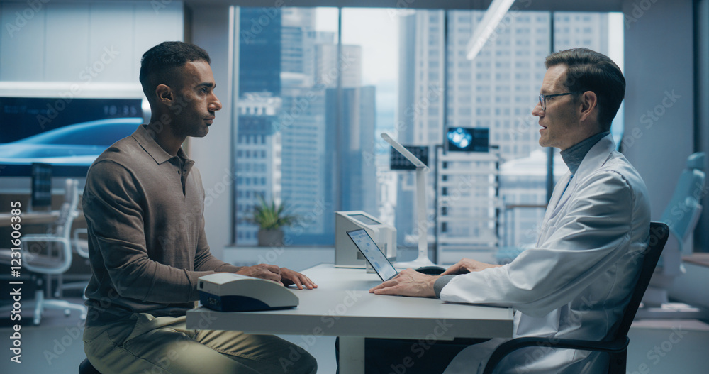 Poster male specialist discusses health data with a male patient in a high-tech medical lab, utilizing adva