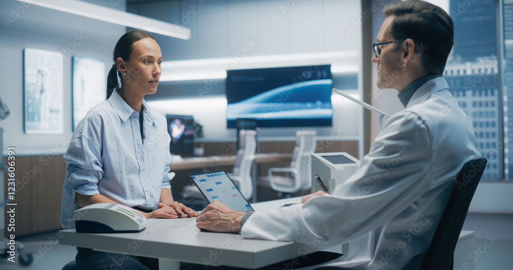 Aufkleber specialist physician discusses health data with female patient in a high-tech medical lab, utilizing