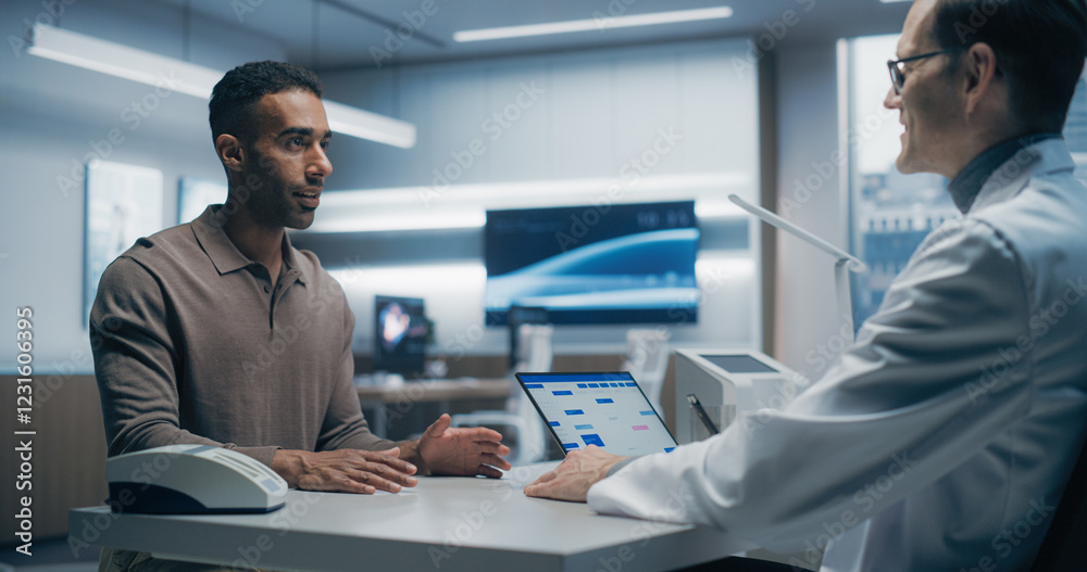 Aufkleber Specialist Physician Discusses Health Data With a Male Patient in a High-tech Medical Lab, Utilizing Advanced Equipment and Digital Tools for Precise Analysis in a Modern Hospital Setting