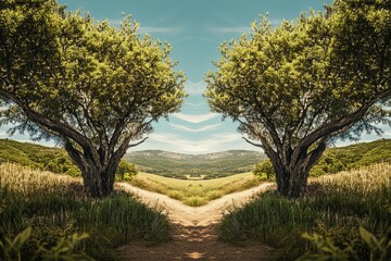 A symmetrical view of two lush green trees framing a dirt pathway leading to a distant mountain under a clear blue sky.