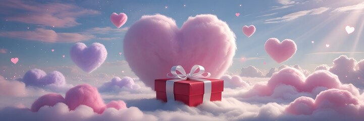 Dreamy Sky Filled with Soft Cotton Candy Hearts and a Gift Box Surrounded by Fluffy Clouds, Creating a Whimsical, Love-Inspired Scene.