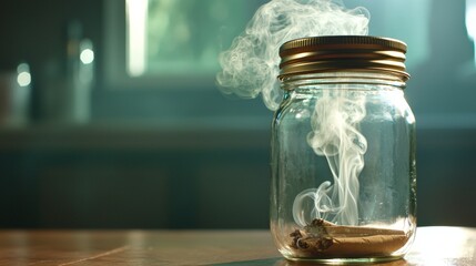 Smoldering Cigars in Glass Jar with Smoke Rising on Wooden Table