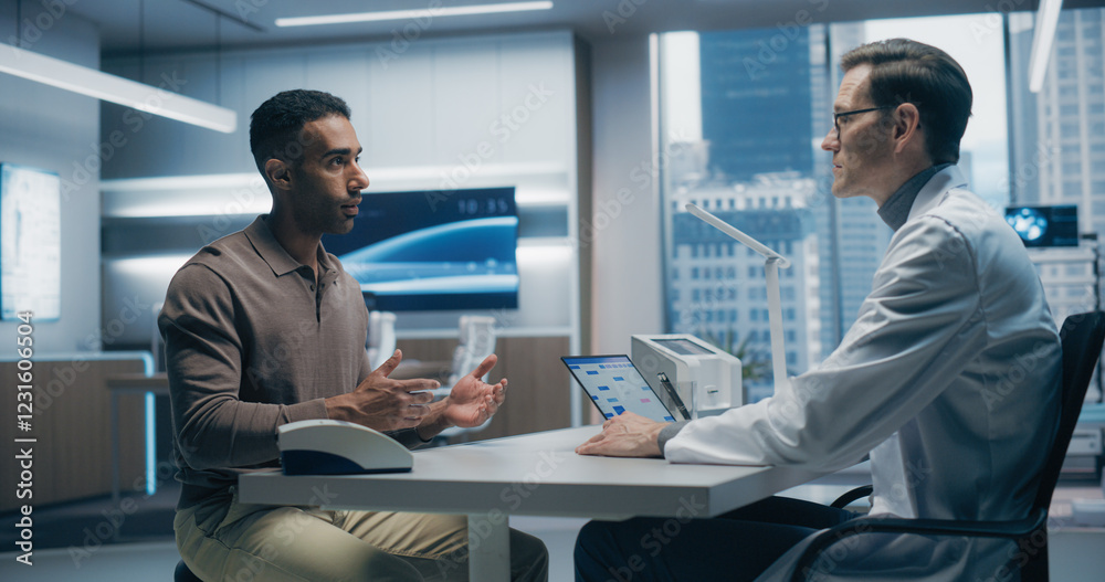 Poster male specialist discusses health data with a male patient in a high-tech medical lab, utilizing adva