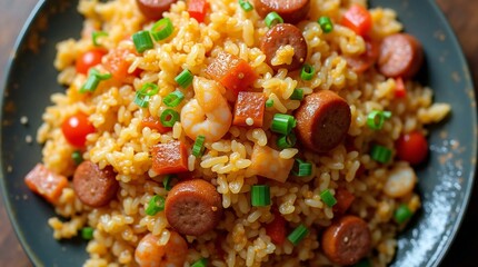 Fried Rice with Diced Carrots, Green Onions, Shrimps and Sausages.