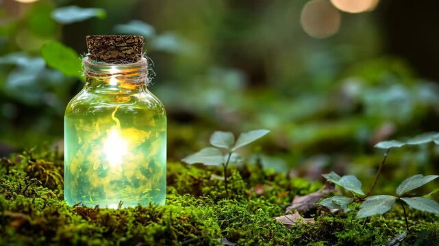 Mystical glowing potion in a bottle placed on vibrant green moss in a serene forest setting