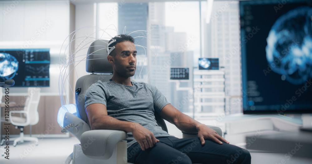 Poster futuristic laboratory: male patient wearing headset for brain scan. advanced neural technology focus