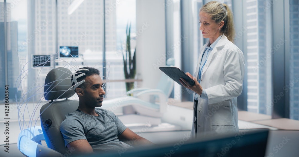 Aufkleber doctor conducts an advanced brain scan on a male patient in a futuristic laboratory, using high-tech